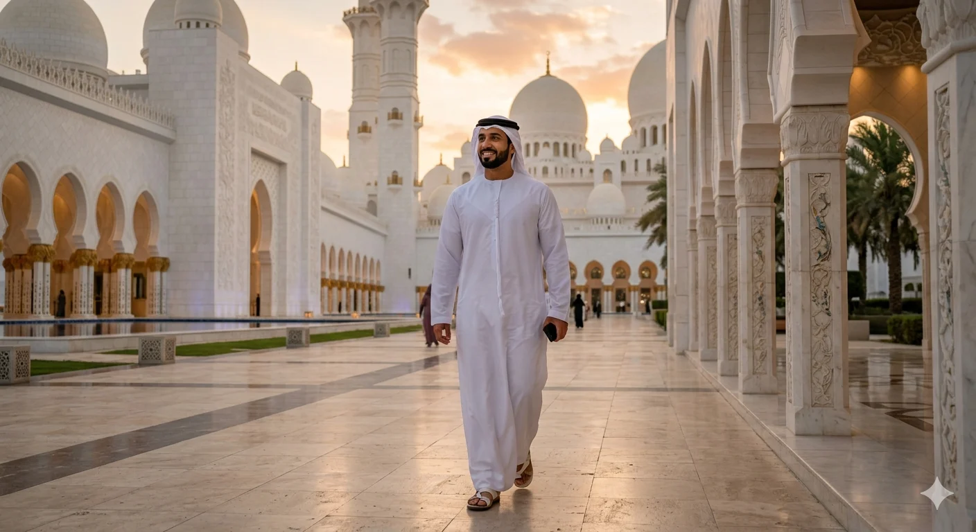Traditional white cotton Emirati kandora for men
